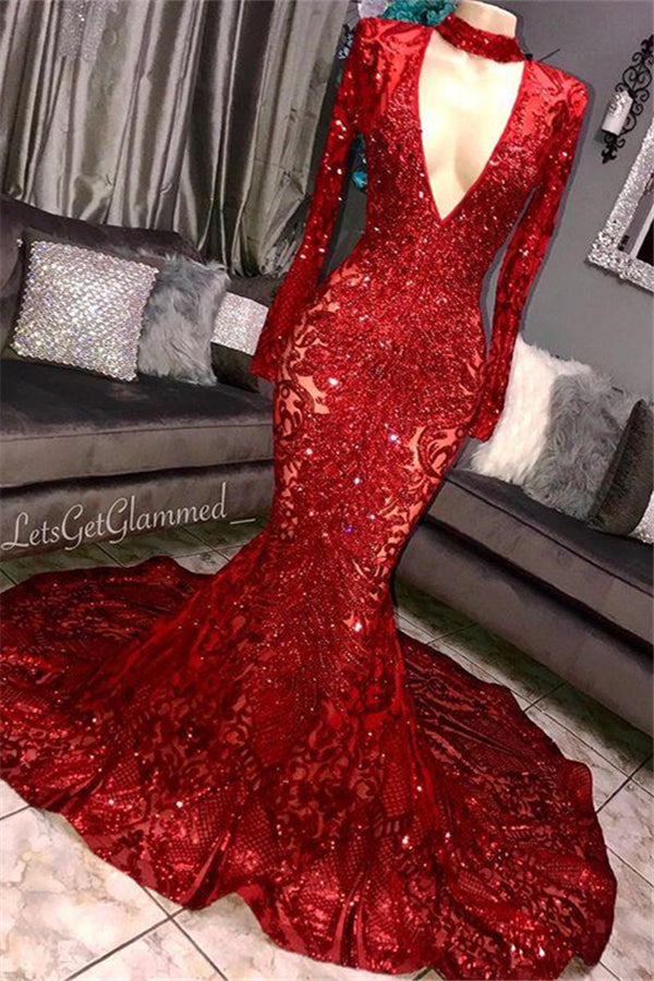 Gorgeous Mermaid Long Sleevess Deep V-neck Lace Applique Prom Dresses-showprettydress