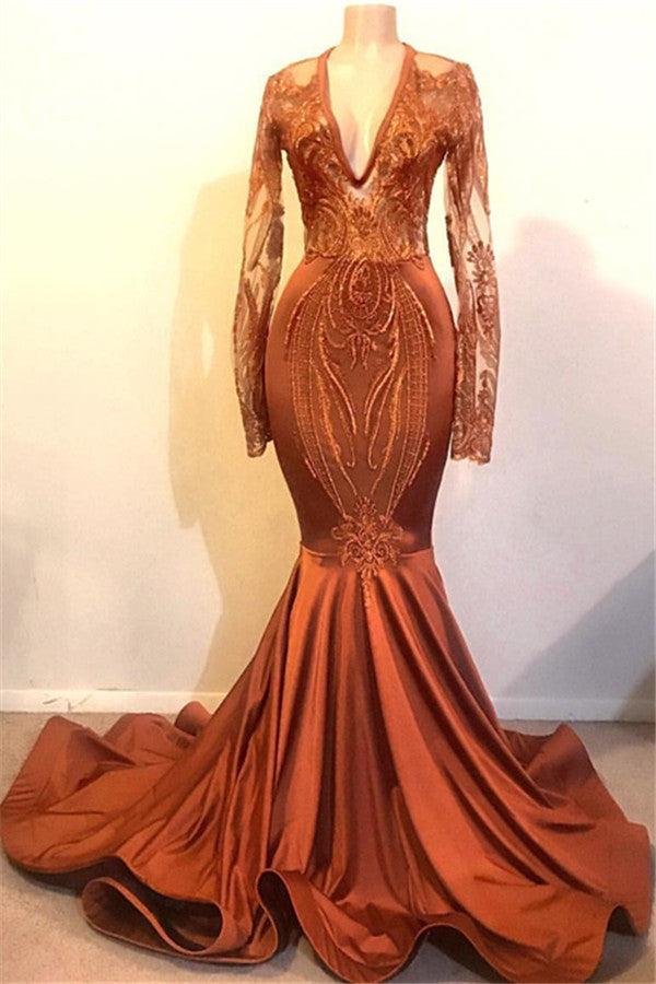 Gorgeous Mermaid V-neck Long Sleevess Prom Dresses-showprettydress