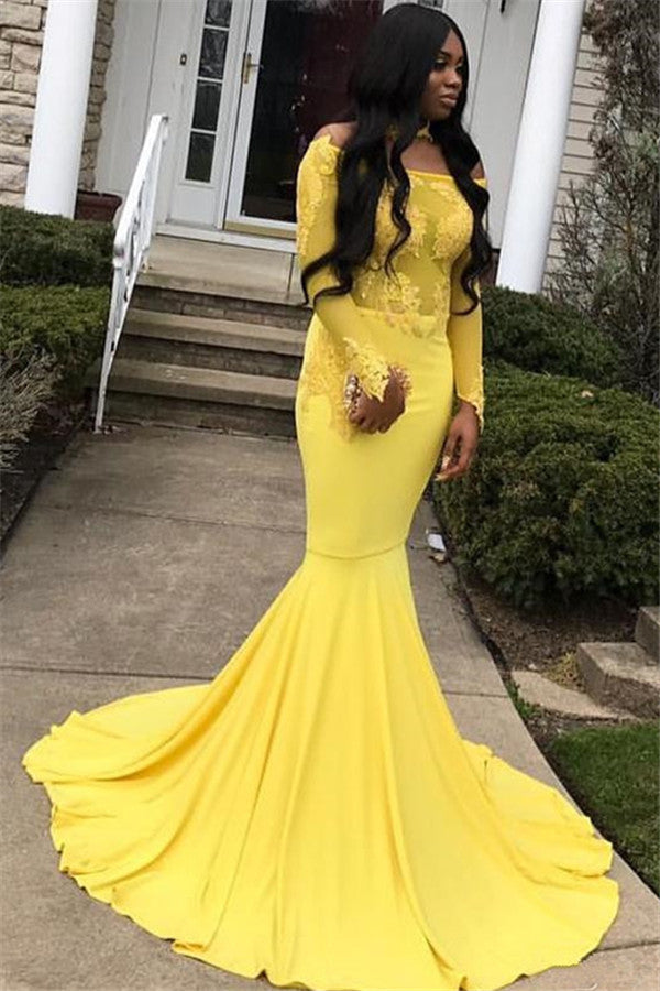 Gorgeous Off-the-Shoulder Long Sleevess Appliques Mermaid Floor-Length Prom Dresses-showprettydress