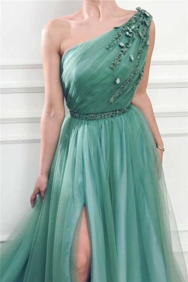 Gorgeous One Shoulder Green Tulle Prom Party Gowns with Beading Chic Front Slit Long Prom Party Gowns with Beading Sash-showprettydress