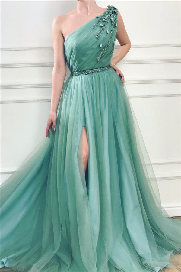 Gorgeous One Shoulder Green Tulle Prom Party Gowns with Beading Chic Front Slit Long Prom Party Gowns with Beading Sash-showprettydress