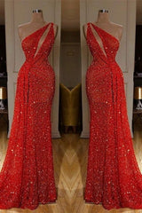 Gorgeous One Shoulder Red Sequins Long Prom Dress-showprettydress