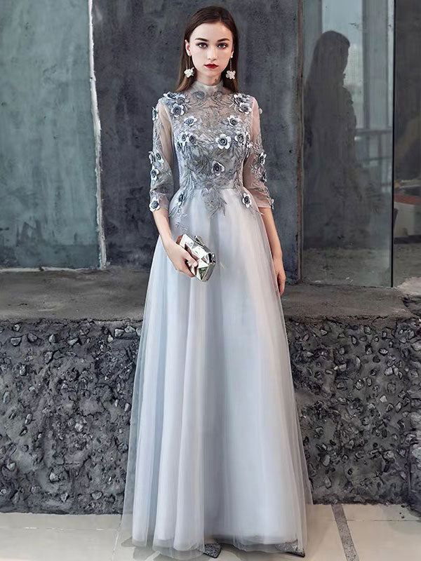 Gorgeous Ormal Dinner Dress Flower Lace Applique Half Sleeve Floor Length Social Evening Party Dresses-showprettydress