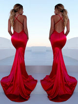 Gorgeous Red Halter Elegant Lace Up Prom Dresses Sleeveless Ruffles Chic Mermaid Side Slit Evening Dresses-showprettydress