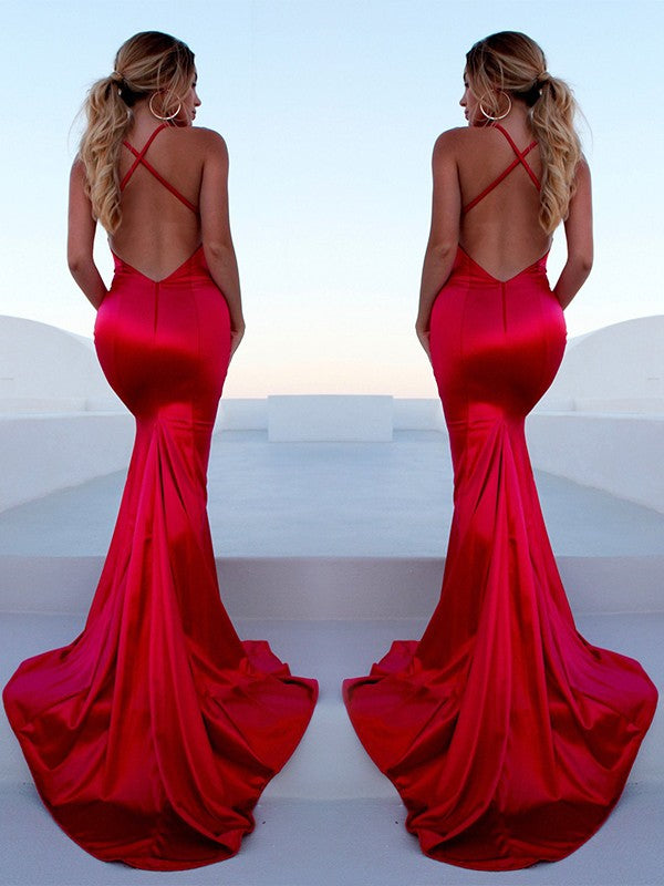 Gorgeous Red Halter Elegant Lace Up Prom Dresses Sleeveless Ruffles Chic Mermaid Side Slit Evening Dresses-showprettydress