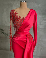 Gorgeous Red Long Sleeve Mermaid Evening Dress Lace Appliques Prom Gown Ruffles-showprettydress