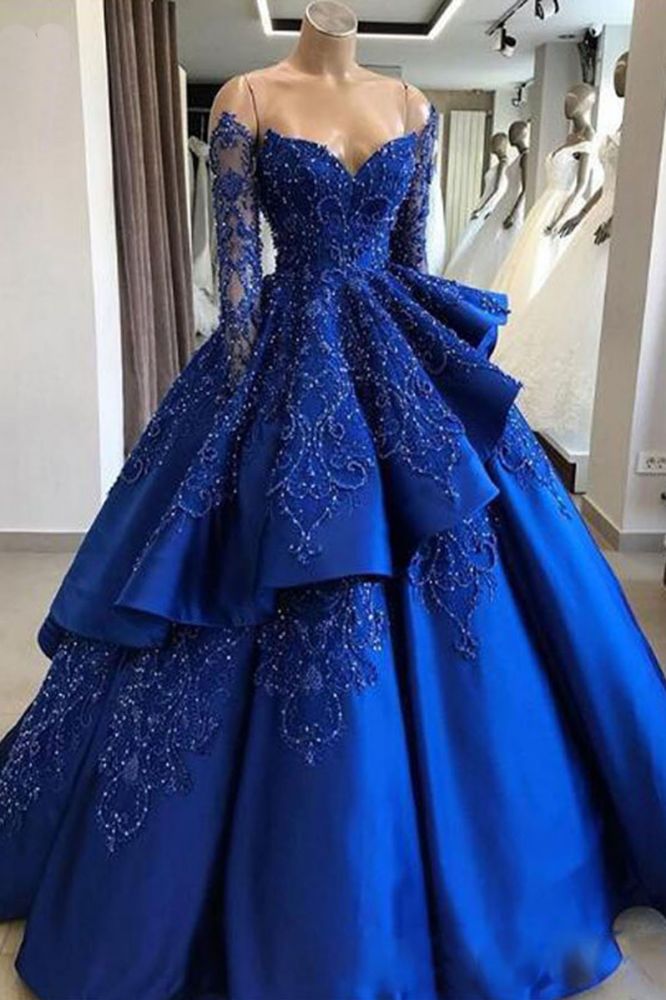 Gorgeous Royal Blue Lace Ruffled Prom Party Gowns| Strapless Sweetheart Beads Quinceanera Dresses-showprettydress