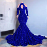 Gorgeous Royal Blue Long Sleeves Prom Dress Mermaid Long With Sequins-showprettydress