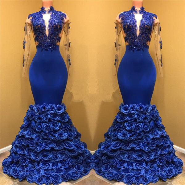 Gorgeous Royal Blue Prom Dresses Long Sleevess Evening Gowns with Rose Flowers-showprettydress