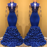 Gorgeous Royal Blue Prom Dresses Long Sleevess Evening Gowns with Rose Flowers-showprettydress