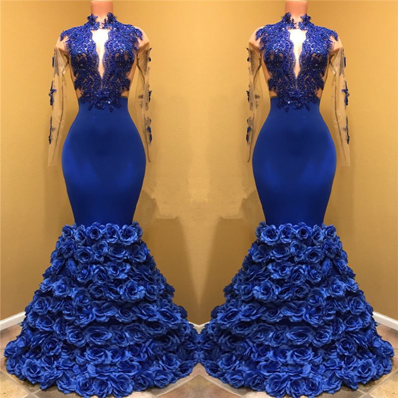 Gorgeous Royal Blue Prom Dresses Long Sleevess Evening Gowns with Rose Flowers-showprettydress