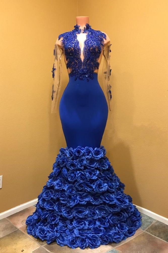 Gorgeous Royal Blue Prom Dresses Long Sleevess Evening Gowns with Rose Flowers-showprettydress