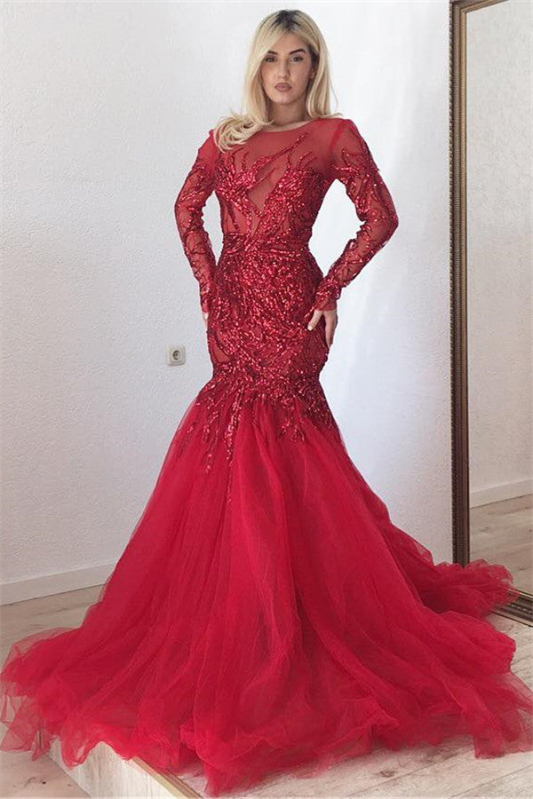 Gorgeous Scarlet Long Sleevess Mermaid Prom Dresses Sparkle Sequins Fit and Flare Formal Dresses-showprettydress