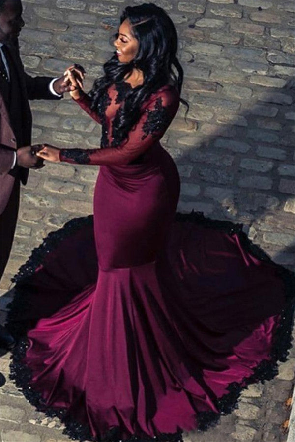 Gorgeous Scoop Long Sleevess Appliques Tulle Mermaid Floor-Length Prom Dresses-showprettydress