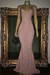 Gorgeous Sequined Mermaid Spaghetti-strap Long Sleevesless Prom Party Gowns-showprettydress