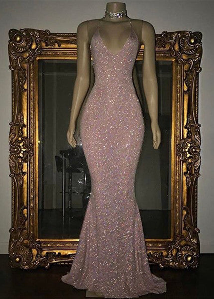 Gorgeous Sequined Mermaid Spaghetti-strap Long Sleevesless Prom Party Gowns-showprettydress