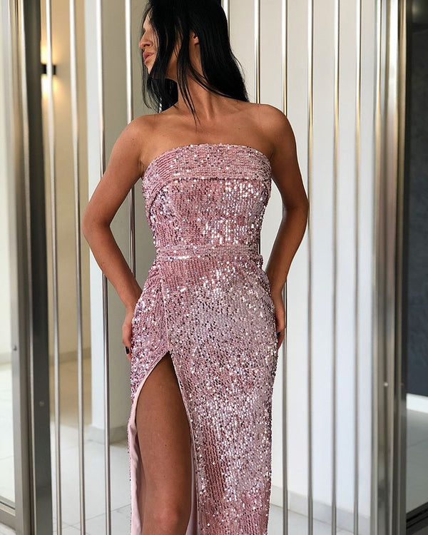 Gorgeous Sheath Strapless Sequins Prom Dresses-showprettydress