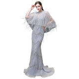 Gorgeous Silver Feather Cape Mermaid Sparkle Prom Party Gowns-showprettydress