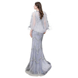 Gorgeous Silver Feather Cape Mermaid Sparkle Prom Party Gowns-showprettydress