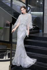 Gorgeous Silver Feather Cape Mermaid Sparkle Prom Party Gowns-showprettydress