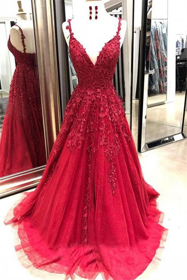 Gorgeous Spaghetti Strap Applique Prom Dresses Red Tulle Sleeveless Evening Dresses-showprettydress