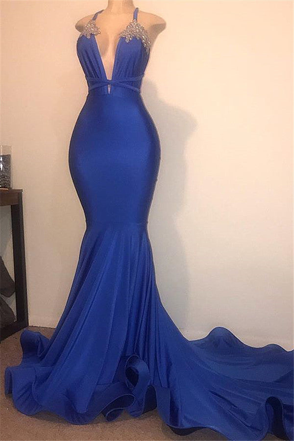 Gorgeous Spaghetti Straps Beads Appliques Prom Dresses Elegant Alluring Chic V-neck Fit and Flare Evening Gowns-showprettydress