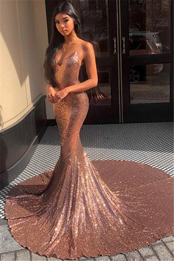 Gorgeous Spaghetti-Straps Sequins Mermaid Prom Party Gowns-showprettydress