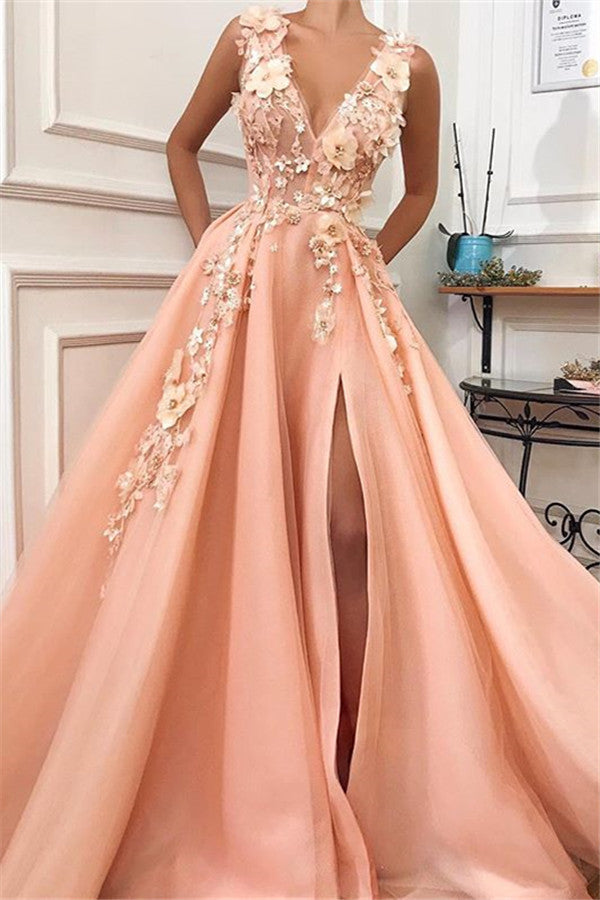 Gorgeous Straps V-Neck Flower Appliques A-Line Prom Party Gowns-showprettydress