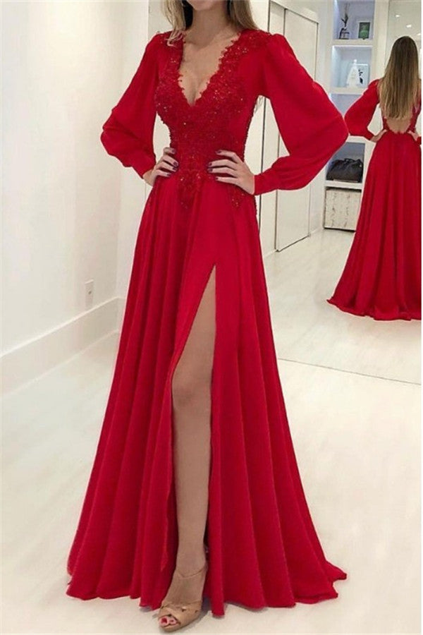 Gorgeous V-Neck Long Sleevess Prom Dresses Side Slit Applique Evening Dresses with Beads-showprettydress