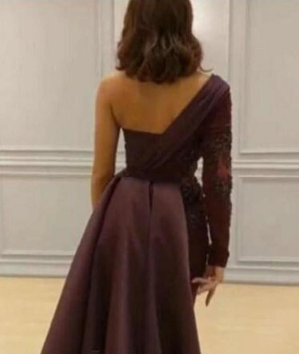 Graceful Asymmetric Splicing One Shoulder Appliques Spandex Satin Party Dresses Floor Length Open Back Evening Gowns With Waist Band-showprettydress