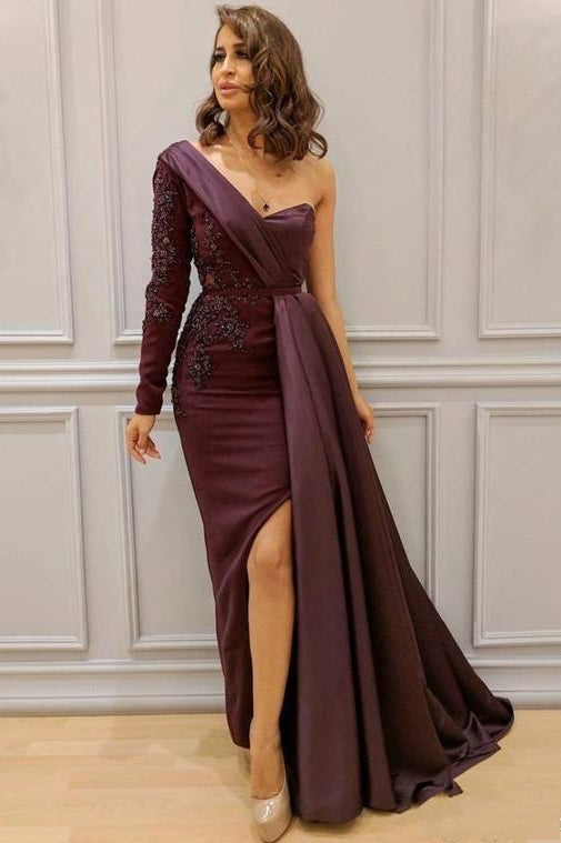 Graceful Asymmetric Splicing One Shoulder Appliques Spandex Satin Party Dresses Floor Length Open Back Evening Gowns With Waist Band-showprettydress