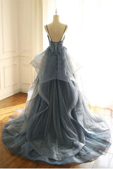 Gray Evening Dresses Tulle V-neck Ruffles Long Spaghetti Lace Beading Prom Party Gowns-showprettydress