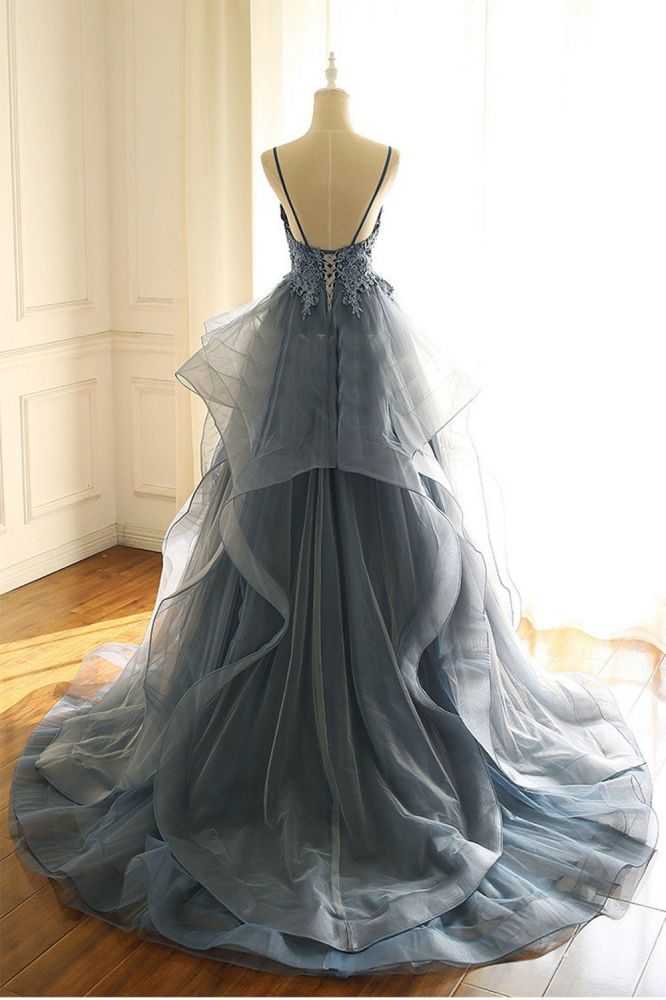 Gray Evening Dresses Tulle V-neck Ruffles Long Spaghetti Lace Beading Prom Party Gowns-showprettydress