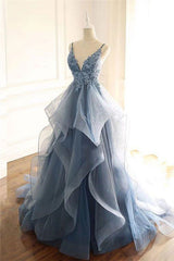 Gray Evening Dresses Tulle V-neck Ruffles Long Spaghetti Lace Beading Prom Party Gowns-showprettydress