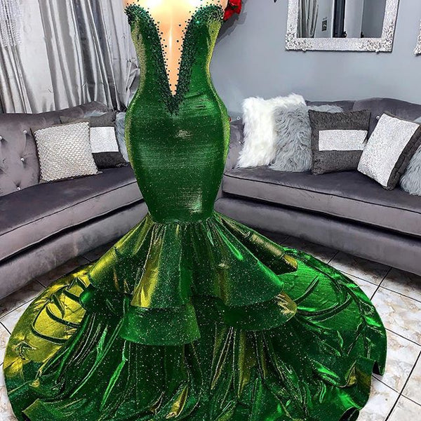 Green Gorgeous Ruffles Mermaid Prom Dresses Chic Sweetheart Appliques Long Evening Dresses-showprettydress