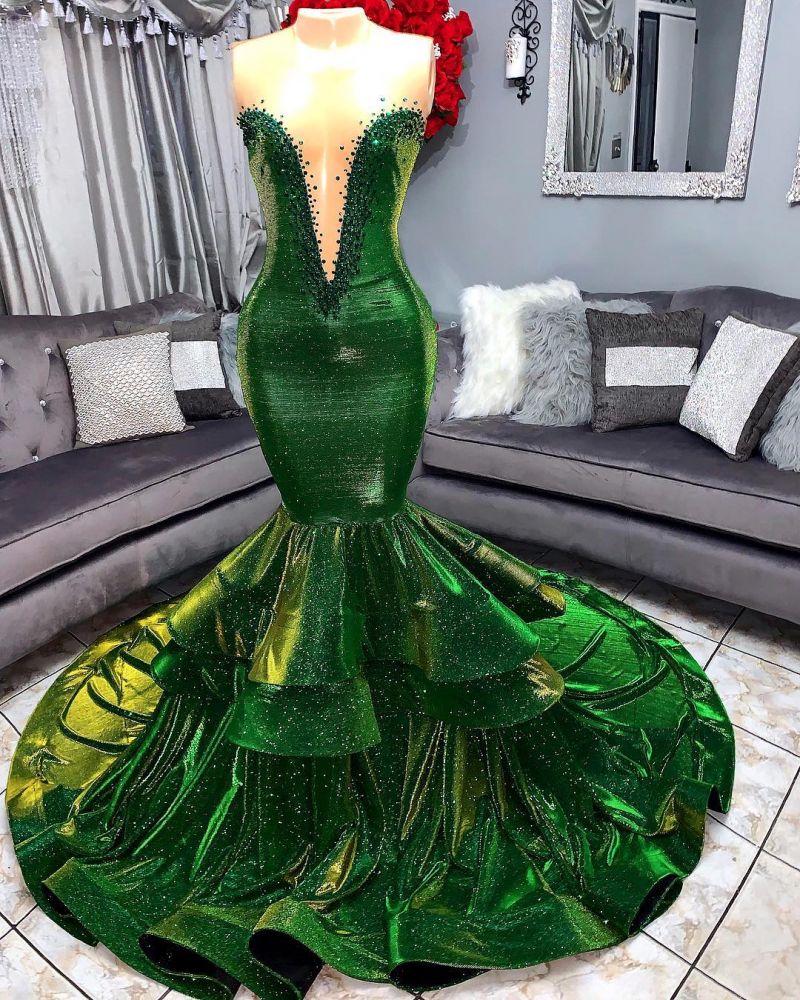 Green Gorgeous Ruffles Mermaid Prom Dresses Chic Sweetheart Appliques Long Evening Dresses-showprettydress