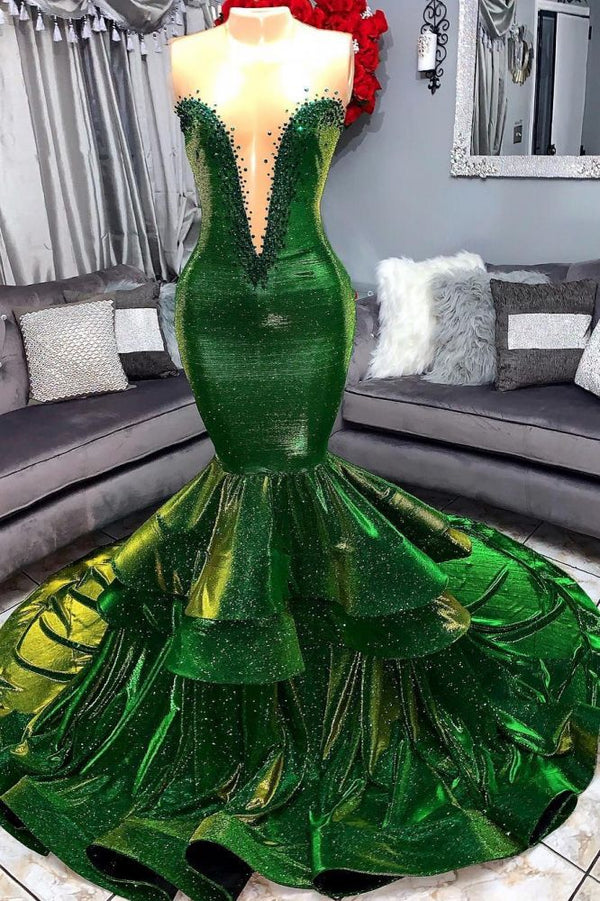 Green Gorgeous Ruffles Mermaid Prom Dresses Chic Sweetheart Appliques Long Evening Dresses-showprettydress