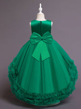 Green Jewel Neck Sleeveless Bows Tulle Cotton Sequined Kids Party Dresses-showprettydress