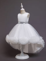 Green Jewel Neck Sleeveless Bows Tulle Cotton Sequined Kids Party Dresses-showprettydress