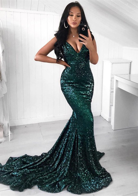 Green Sequins Prom Party Gowns| Mermaid Evening Party Dress-showprettydress