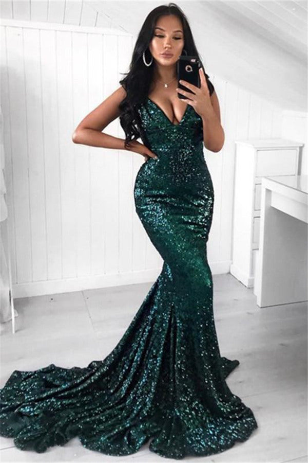 Green Sequins Prom Party Gowns| Mermaid Evening Party Dress-showprettydress