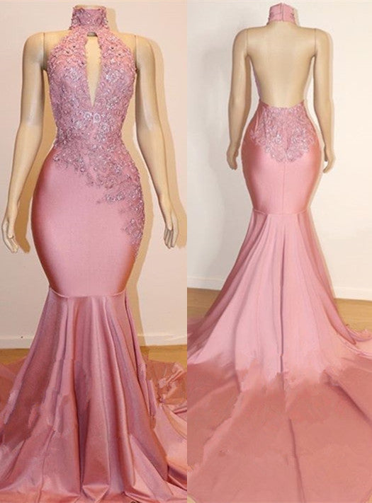 Halter Backless Mermaid Appliques Long Train Prom Dresses-showprettydress