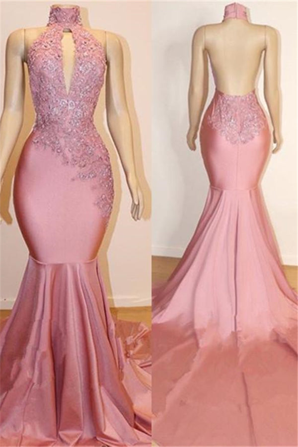 Halter Backless Mermaid Appliques Long Train Prom Dresses-showprettydress