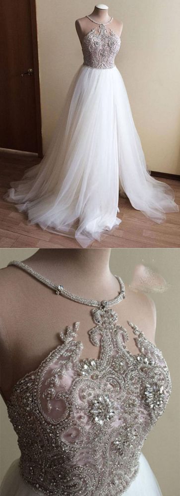 Halter Illusion neck High split A line Tulle Princess Wedding Dress-showprettydress