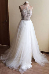 Halter Illusion neck High split A line Tulle Princess Wedding Dress-showprettydress