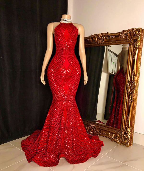 Halter Lace-up Sequins Floor Length Red Mermaid Prom Dresses-showprettydress