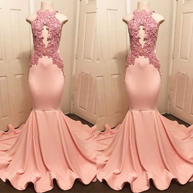 Halter Pink Lace Prom Party Gowns| Mermaid Formal Dresses-showprettydress