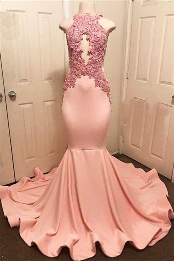 Halter Pink Lace Prom Party Gowns| Mermaid Formal Dresses-showprettydress