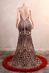 Halter Sequined Sparkle Burgundy Feathers Mermaid Prom Dresses-Showprettydress