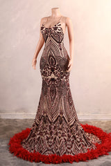 Halter Sequined Sparkle Burgundy Feathers Mermaid Prom Dresses-showprettydress